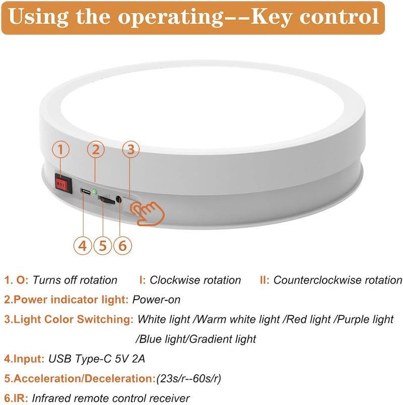JAYEGT Variety Colors LED Light Non-Slip Rotating Display Stand , 66lbs Load, 360 Degree Photography Turntable for Glass Crystal Spherical Artwork (8.66inch / 6Color LED Light / White /Rechargeable) - Image 5